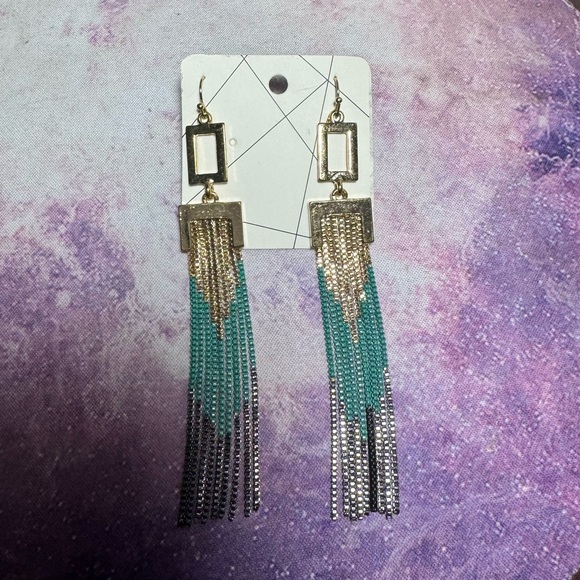 Tassel long gold green metallic plated earrings NEW - Picture 6 of 6